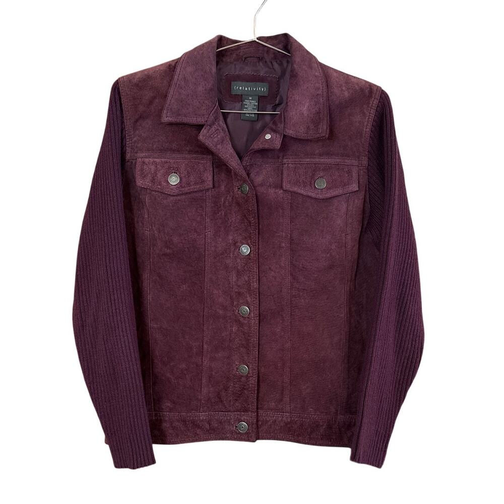 Relativity plum purple leather sweater sleeve button bomber jacket SIZE M